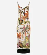 Vestido midi de viscosa con estampa tropical, escote en V con fruncido y breteles finos.