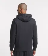 Buzo deportivo negro con capucha, cierre frontal con cremallera, bolsillos laterales y puños ajustados. Confeccionado en tejido de algodón y poliéster.