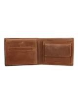 Billetera plegable de cuero color marrón, con acabado envejecido y logo de un pato grabado en relieve en la esquina inferior derecha.