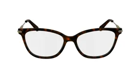 Lentes de receta Longchamp con armazón de acetato en estampado carey, diseño estilo cat-eye con detalles metálicos en las varillas.