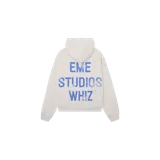 Hoodie oversize Eme Studios de color gris claro, con capucha y estampa azul en la espalda con el texto 'EME STUDIOS WHIZ'.