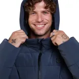 Campera parka acolchada de color gris oscuro, con cierre frontal completo, capucha ajustable y bolsillos laterales. Presenta un diseño funcional con estructura resistente y logo de la marca en el pecho.