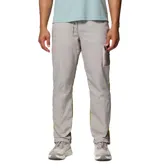 Pantalón cortavientos Columbia Challenger Windbreak Omni-Shield en color gris con paneles laterales en verde oliva y marrón, con dobladillo ajustable mediante cordón elástico.