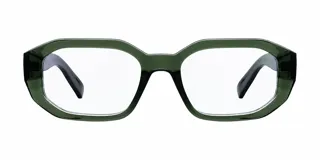 Lentes blueblocker Kessie Fog con armazón geométrico de acetato verde oscuro y cristales transparentes con protección contra luz azul.