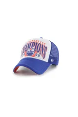 Gorra tipo trucker de la marca 47, con frente blanco y visera azul. Presenta un estampado gráfico conmemorativo de los Edmonton Oilers y el logo del equipo en el centro. La parte trasera es de malla azul y cuenta con el logo de la marca bordado en el lateral.