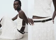Falda midi de encaje color blanco, tiro medio, con cintura elástica, diseño recto, forro interior y bajo asimétrico con terminaciones en pico.