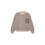 Sweater de punto Eme Studios modelo Badge Muddy Brown Stripes, de diseño oversize a rayas verticales en tonos beige y marrón, con cuello redondo y el logotipo de la marca bordado en el pecho.