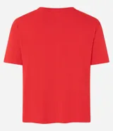 Blusa blanca de mangas cortas confeccionada en viscosa con cuello redondo con brillos en formas florales.