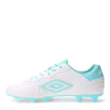 Championes de fútbol Umbro Touch FG, diseñados para césped natural. Presentan un acabado plateado metalizado con detalles en amarillo neón en el logo lateral, talón y tapones. Confeccionados en material sintético resistente con cierre de cordones.