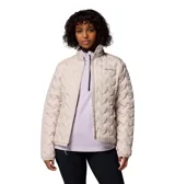 Campera técnica de plumón para mujer, con tecnología Omni-Heat reflectante y construcción HeatSeal sin costuras. Presenta diseño acolchado con patrón geométrico, cierre frontal completo, cuello alto con protector de barbilla y bolsillos laterales con cierre.