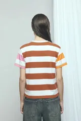 Remera de manga corta con diseño a rayas horizontales en blanco y marrón, con detalles de costuras decorativas en zig-zag de color verde. Las mangas presentan bloques de color naranja en un lado y rosado en el otro.