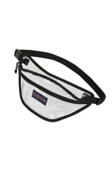 Riñonera transparente con bordes y cierre en color lila. Cuenta con el logo de la marca JanSport en el frente.