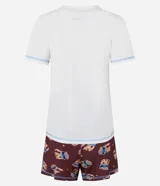 Conjunto de pijama compuesto por una remera de manga corta color crema con estampa frontal de Stitch y un short color bordó con estampado integral de Stitch. Ambas prendas están confeccionadas en viscosa con elastano.