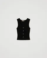 Top negro de punto en mezcla de viscosa elástica con elaboraciones, construcción de efecto chaleco con botonadura falsa en la parte delantera y tirantes anchos, de corte ceñido.