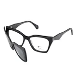 Armazón óptico unisex negro con diseño geométrico y clip-on de sol intercambiable, de la marca Teresa Calandra modelo Roxie.