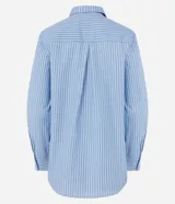 Camisa de tricolina marca Cortelle, con cuello solapa, abotonado delantero y mangas largas, con estampa de rayas en hilo teñido.