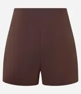 Short pollera corto color marrón, con cierre lateral y diseño cruzado redondeado.