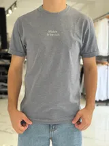 Remera gris melange de manga corta y corte clásico, con estampa en la espalda que dice "Wildest in the club" junto a un gráfico de un disco compacto.