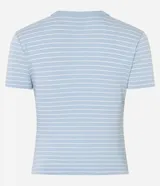 Blusa cropped de rib con cuello redondo y mangas cortas, a rayas horizontales azul marino y blancas.