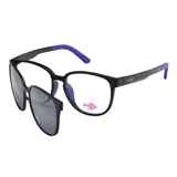 Lentes con armazón negro de diseño clásico y sistema clip-on polarizado con lentes oscuros desmontables. Las patillas combinan color negro con detalles en violeta.