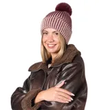 Gorro de lana tejido con diseño de rayas verticales en tonos bordó y beige, con pompón superior a tono.