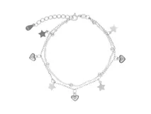 Pulsera de plata 925 con doble cadena, dijes colgantes de estrellas y corazones, y cierre ajustable.