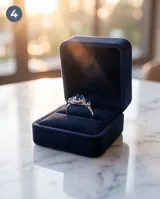 Anillo de plata 925 con diseño de tres piedras, presentando una circonia azul central de corte ovalado rodeada por un halo de pequeñas circonias blancas, flanqueada por dos circonias azules laterales más pequeñas.
