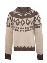 Sweater de lana y alpaca color beige con cuello redondo y diseño jacquard circular en tonos marrones en el yugo y las mangas.