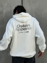 Canguro blanco con capucha ajustable con cordones, bolsillo tipo canguro y logo estampado en el pecho.