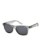Lentes de sol Caterpillar modelo Blinding, con armazón rectangular de policarbonato translúcido color gris y micas oscuras polarizadas. Cuentan con el logotipo de la marca en la patilla.