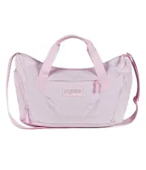 Bolso deportivo Jansport modelo Recharge Gym Bag, color rosado, con compartimento principal con cierre, bolsillo frontal con cierre y correas de mano y hombro ajustables.