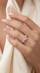 Anillo de plata 925 con diseño de tres piedras de cuarzo rosa en talla ovalada.