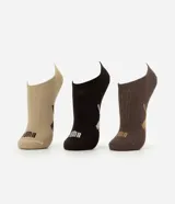 Pack de tres pares de medias invisibles Puma, confeccionadas en algodón. Presentan un diseño de caña baja con puño elástico, refuerzo en talón y punta, y el logo de la marca estampado en la parte frontal.
