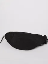 Riñonera de tela color negro con cierre frontal y correa ajustable con hebilla de plástico.