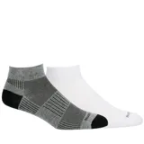Pack de dos pares de medias deportivas de largo medio, una gris jaspeada con detalles en negro y otra blanca lisa. Ambas con planta acolchada y tecnología antimicrobiana.