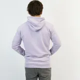 Canguro lila pastel de algodón sin felpa, con capucha y bolsillo tipo canguro. Estampa frontal con texto en letras negras.