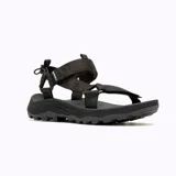 Sandalia deportiva Merrell de color negro, con diseño de tiras de tejido reciclado, sistema de ajuste con cordón elástico en el talón y suela de goma adherente con relieve para mayor tracción.