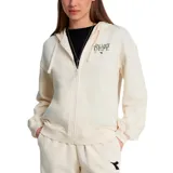 Buzo tipo hoodie con cierre frontal, confeccionado en algodón y poliéster. Presenta diseño liso en color crema con estampa pequeña en el pecho y capucha con cordones ajustables.