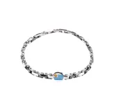 Pulsera de eslabones de acero antialérgico plateado, con dije circular con la bandera de Uruguay.