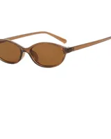 Anteojos de sol ovalados color marrón con marco de acetato y lentes marrones.