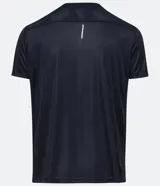 Remera deportiva de poliéster color gris claro, con cuello redondo, mangas cortas y recortes laterales de poliamida. Corte clásico.