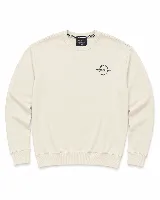 Buzo de felpa color beige con cuello redondo, puños y ruedo acanalados. Presenta un diseño gráfico estampado en la espalda con tipografía y detalles en color verde oscuro.