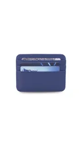 Tarjetero de símil cuero color beige con visor frontal transparente y ranuras para tarjetas.