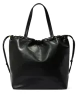 Bolso tipo tote color negro de cuero sintético ultrasuave, con silueta relajada, cordón ajustable en la parte superior y asas superiores.