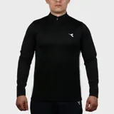 Buzo deportivo negro de manga larga con cierre parcial en el cuello y logo de la marca en el pecho.