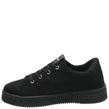 Championes de plataforma Hush Puppies modelo Ollie, color negro, confeccionados en poliéster reciclado. Presentan diseño de caña baja con cordones, suela de goma de doble altura y detalle de etiqueta con logo en el lateral y la lengüeta.