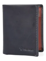 Billetera doble de cuero color azul marino con interior marrón.