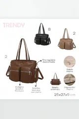 Cartera de cuero sintético beige, marca Trendy, con múltiples bolsillos externos con cierre y doble asa de hombro.