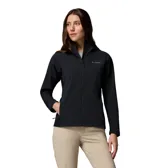 Campera softshell híbrida Columbia, modelo Trailborne, color negro, con capucha, cierre frontal y bolsillos con cremallera. Incorpora tecnología Omni-Shield de repelencia al agua y a las manchas.