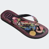 Ojotas Havaianas Top Tropicalia Vibes II con base negra y estampado de frutas tropicales en colores vibrantes. Las tiras son negras con el logo de Havaianas en dorado.